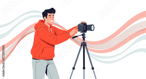 Photographer Readying His Camera on A Tripod with Abstract Pastel Wavy Background