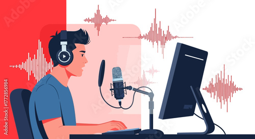 Podcast Recording Session Depicting a Man Talking into the Microphone with Audio Waves