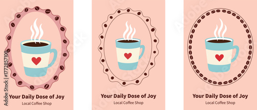 Your Daily Dose of Joy Coffee Shop Poster Set with Steaming Mug and Coffee Bean Border