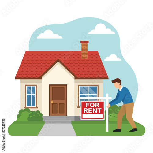 Man placing a for rent sign in front of a house vector illustration for real estate rental property and housing market concepts
