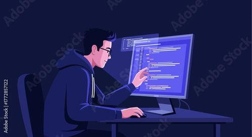 Software Developer Concentratedly Working on Complicated Codes Using Desktop Computer Interface
