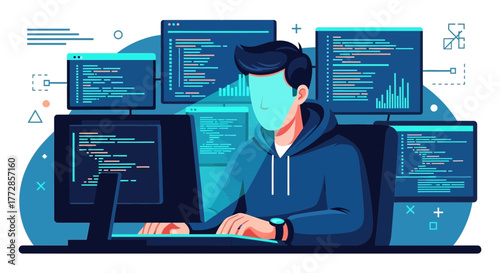 Software Developer Working On Complex Projects With Multiple Monitors And Data Visualization
