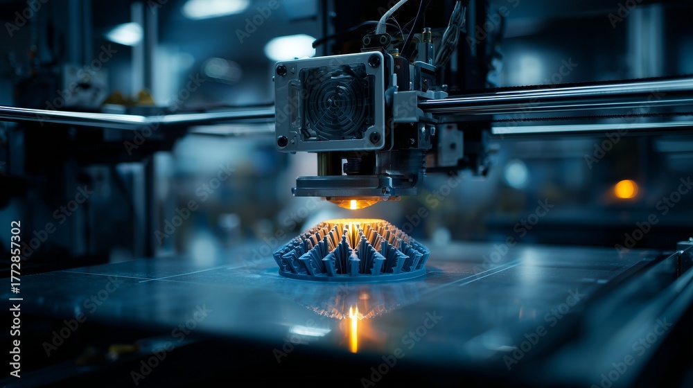 Fototapeta premium Las impresoras 3D crean objetos mecánicos complejos; fabricación de alta tecnología.