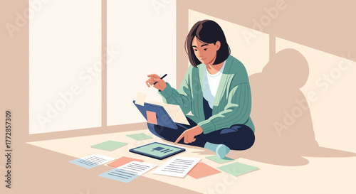 Woman Analyzing Data and Working On Documents With Technological Devices At Home