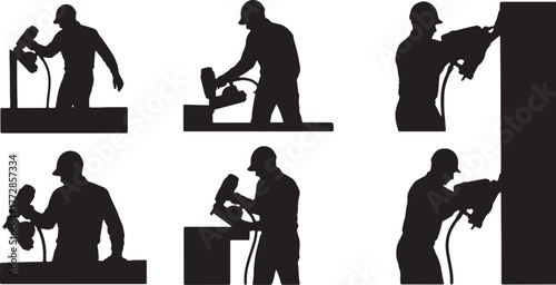 Worker with Nail Gun Silhouette Set