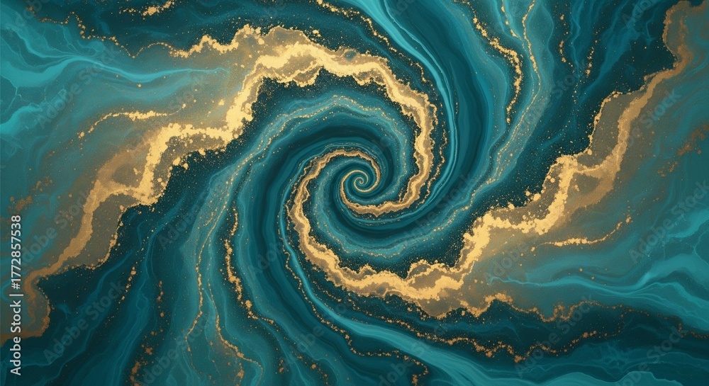 Fototapeta premium Abstract Swirling Teal and Gold Fluid Art Texture Ephemeral Cosmic Galaxy Vortex