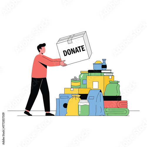 Man donating a box of goods to charity vector illustration of a volunteer giving donations isolated on white background