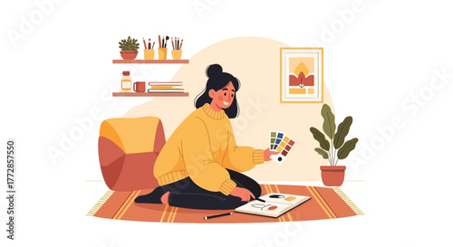 Woman Designing Home Decor, Choosing Colors, Sketching and Planning Creative Home Project