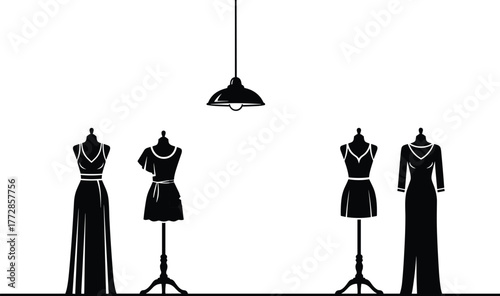 Fashion, Dress, Form, Mannequin, Silhouette, Boutique, Garment, Clothing, Display, Vector, Cad, Drawing, Design, Illustration, Black, White, Minimal, Elegant, Studio, Icon