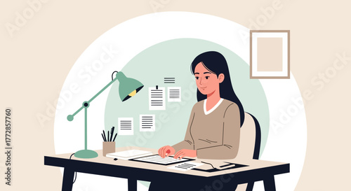 Woman Working From Home: Typing, Focused, Modern Workspace, Illustration.