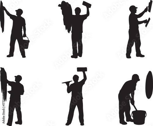 Plasterer Applying Stucco Silhouette Set