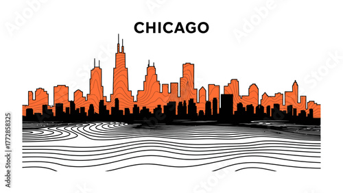 Chicago Skyline: A stylized depiction of the Chicago skyline, featuring its iconic silhouette with striking orange tones. Capturing the city's modern architecture and urban energy.