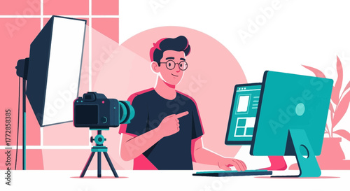 Photographer Working On Computer Display Digital Content Reviewing And Editing Process