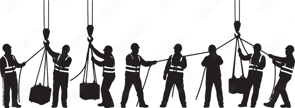 Fotografie Worker Guiding Crane Load Silhouettes