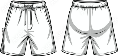 Athletic shorts front and back view, fashion design template, sportswear garment illustration, elastic waistband with drawstring, vector apparel mockup, clothing design reference