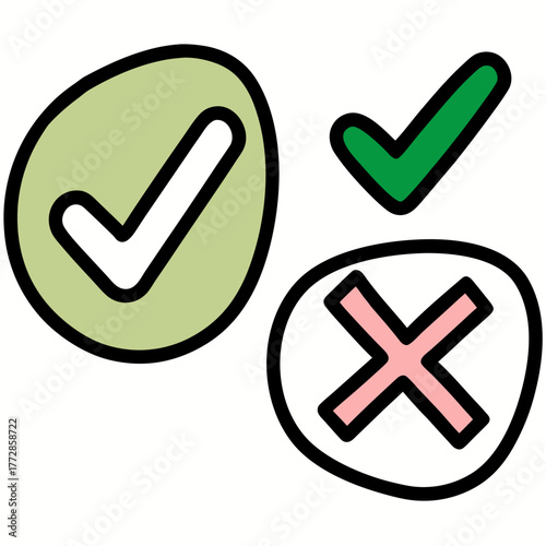 Simple Hand Drawn Check and Cross Icons on White checkmark