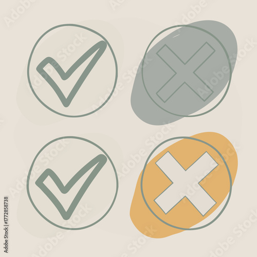 Simple Hand Drawn Check and Cross Icons on Beige Background