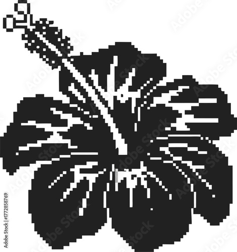 Pixel art tropical hibiscus flower silhouette retro monochrome floral illustration, black and white botanical blossom motif
