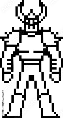 Retro pixel art armored robot warrior standing monochrome black and white, futuristic battle suit, vintage arcade