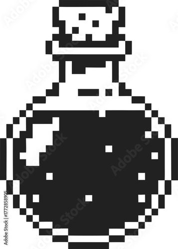 Pixel art magic potion bottle retro video game style, black white container, pixelated elixir, fantasy alchemy symbol