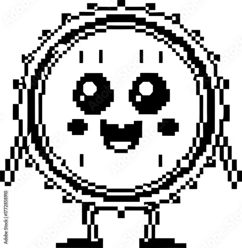 Pixelated virus character cute happy microbe mascot with face, round body, arms, legs, retro 8 bit illustration