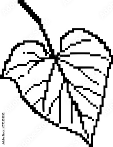 Simple pixel art heart shaped leaf with prominent veins minimalistic black line plant illustration on white, digital nature graphic