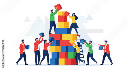 Teamwork And Collaboration: Building A Tower With Colorful Cube Blocks Together