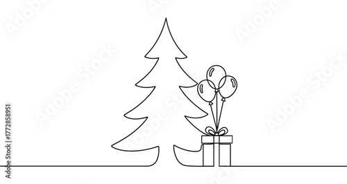 Christmas icon. Black Christmas tree and gift with balloons, written in one continuous line. Vector illustration of a holiday