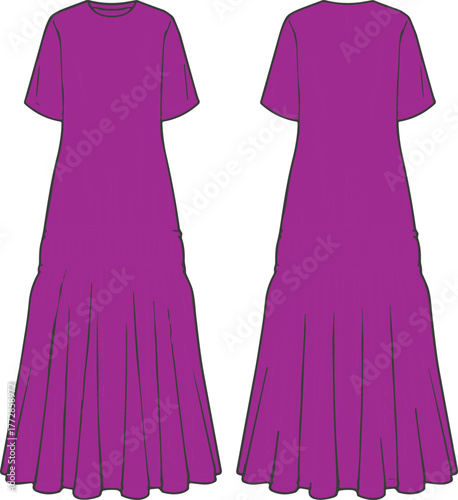 Technical fashion illustration, magenta dress design, front and back view, short sleeve fitted bodice, flared skirt with panels, garment construction details
