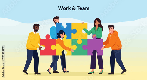 Teamwork And Collaboration: People Working Together Assembling Puzzle For Success