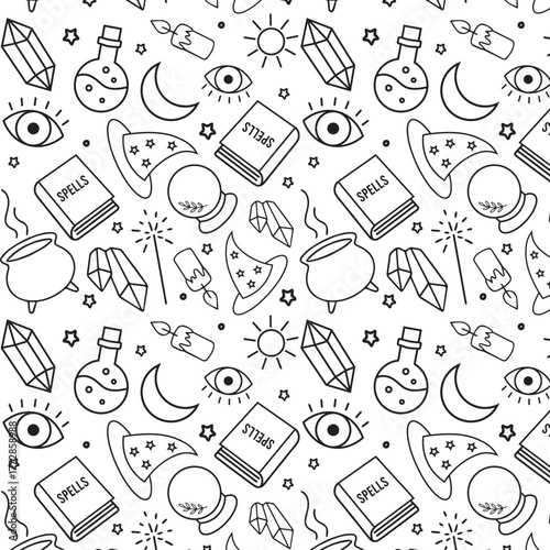 Seamless Magic and Witchcraft Line Art Pattern on White Background