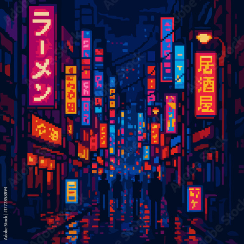 Pixel art of a vibrant city street at night with neon signs and silhouettes of people  