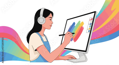 Woman Creates Digital Art with Headphones on a Desktop Computer for Design Projects