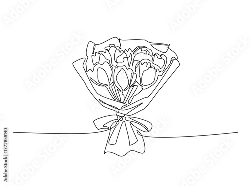 Flower Bouquet single outline draw illustration. Continuous line art drawing of romantic flower bouquet. Editable stroke.