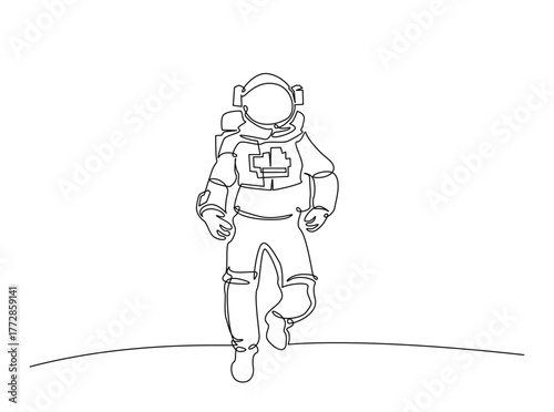 Astronaut single outline draw illustration. Continuous line art drawing of astronaut walking in outspace. Editable stroke.