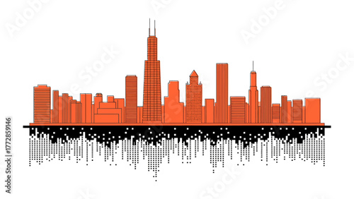 Chicago Skyline Silhouetted: An eye-level, silhouette, capturing the urban essence and structural details of the famous city in its iconic skyline with pixel perfect reflection.