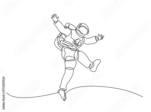 Astronaut single outline draw illustration. Continuous line art drawing of astronaut walking in outspace. Editable stroke.