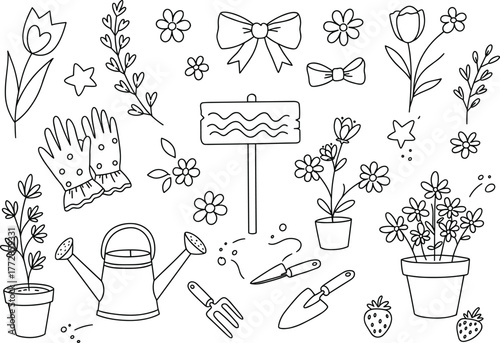 Gardening, Tools, Plants, Flowers, Gloves, Watering, Can, Strawberry, Bow, Nature, Vector, Cad, Drawing, Design, Illustration, Black, White, Decorative, Spring, Silhouette