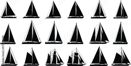 Sailboat silhouette collection, sailing vessel vector, yacht outline, marine ship design, ocean travel icon, nautical artwork, sea navigation illustration, maritime graphic