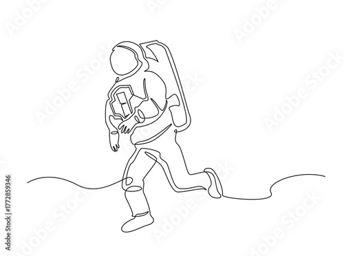 Astronaut single outline draw illustration. Continuous line art drawing of astronaut walking in outspace. Editable stroke.