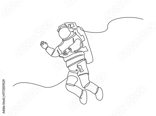 Astronaut single outline draw illustration. Continuous line art drawing of astronaut walking in outspace. Editable stroke.