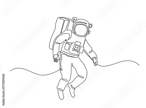 Astronaut single outline draw illustration. Continuous line art drawing of astronaut walking in outspace. Editable stroke.