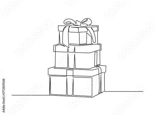 Stack gift box single outline draw illustration. Continuous line art drawing of stack present box. Editable stroke.