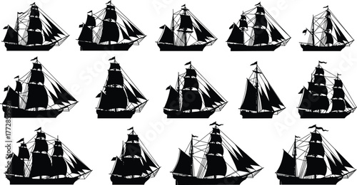 Sailing ship silhouette collection, vintage vessel vector, galleon outline, frigate design, clipper ship icon, maritime illustration, naval history artwork, ocean travel