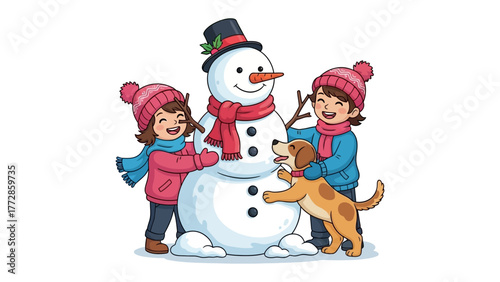 Wintertime Snowman Creation: Two happy children and a playful dog collaborate on building a cheerful snowman, epitomizing the magic and joy of winter. 