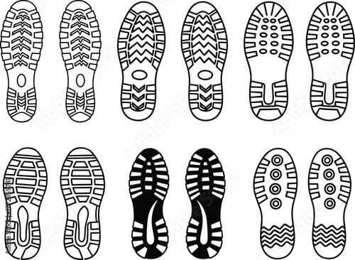 Shoe sole tread pattern collection, footwear outsole design, sneaker grip texture, sports shoe bottom, vector illustration, footwear icon, abstract geometry