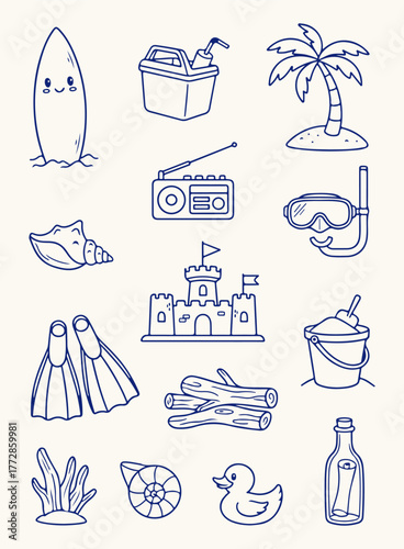 Hand drawn doodle beach : a surfboard, cooler, palm tree, radio, seashell, snorkel, fins, sandcastle, logs, bucket, seaweed, snail, duck, and message in a bottle.