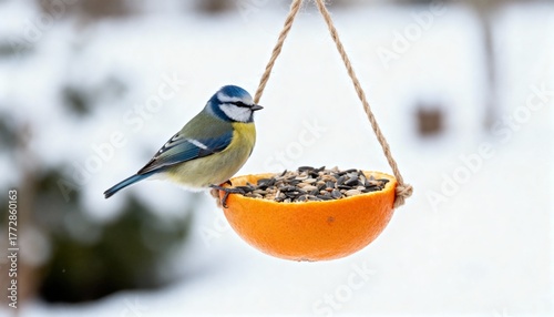 Blue tit approaches a simple diy orange peel feeder
