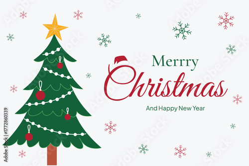 Merry Christmas and Happy New Year Greeting Card with Festive Tree and Snowflake Decorations