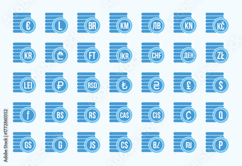Vector illustration of collection of currency symbols and icons representing global finance